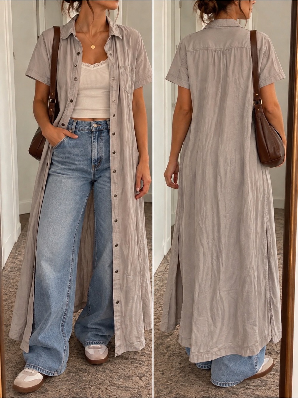 New York & Company Khaki Button-Front Maxi Shirt Dress